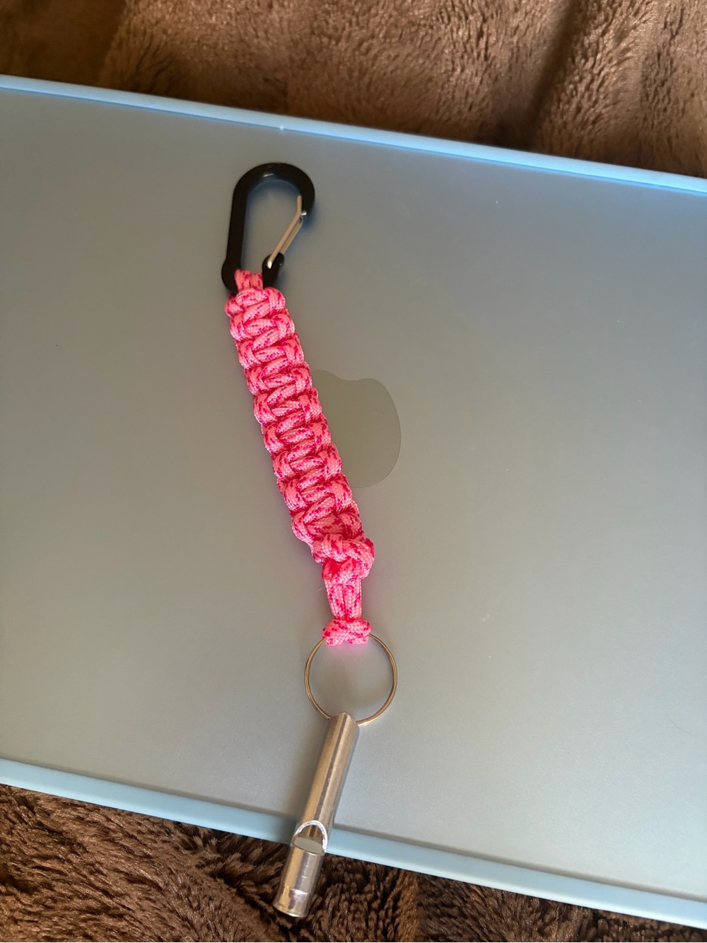 Pink Braided Paracord Keychain with Whistle and Carabiner